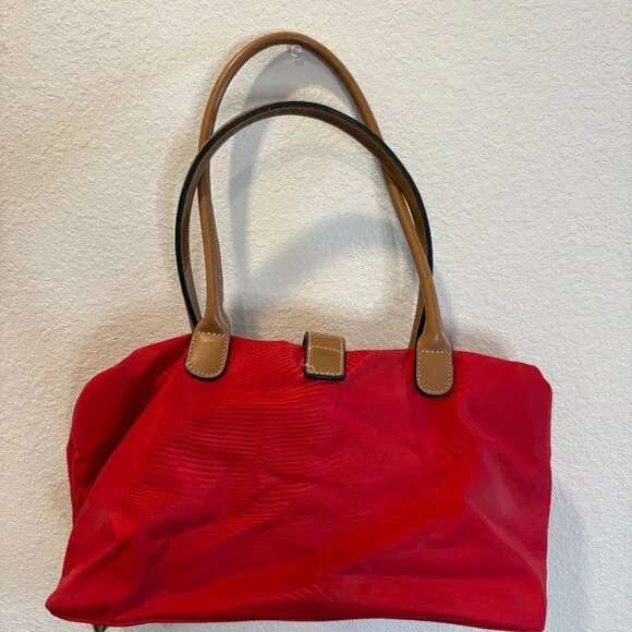 Red Nylon Shoulder Bag Tan Faux Leather Handles Classic Everyday Purse - Picture 6 of 10